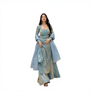 Ensemble de luxe pour femme en brocart de soie bleu poudré de haute qualité, avec Kurti long, pantalon palazzo évasé et dupatta, orné de broderies Zari métalliques - Product Image 1