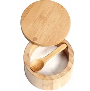 Bamboo salt with rotating magnetic cover for household decoration and storage condiment box