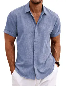 Camicia da uomo personalizzata casual da ufficio in lino a manica corta con logo personalizzato e camicia estiva da uomo stampata
