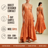 Robe longue maxi bohème orange à col en V avec broderies superposées pour femme, sexy, été, avec ceinture, pour vacances à la plage, fabrication OEM personnalisée