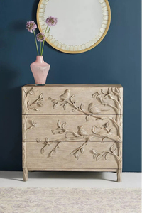 Cómoda Boho de 3 Cajones, Aparador Rústico de Madera, Relieve Floral Hecho a Mano, Almacenamiento, Cómoda Antigua con Relieve - Product Image 2