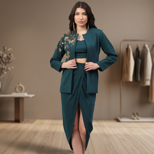 Modern Green Hand Work Summer Casual <b>Blazer</b> Skirt <b>Set</b> Stylish Women Party Wear Ensemble Elegant Silhouette Waterproof Windproof - Product Image 2