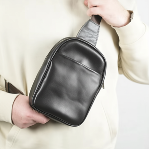 Genuine Leather <b>Men's</b> Fashion Chest Black Bag Custom Logo Crossbody Sport <b>pouch</b> Waist Vertical Hiking Fanny Pack <b>for</b> <b>Men</b> Travel - Product Image 1