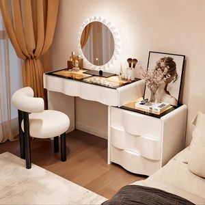 Bàn trang điểm gỗ nguyên khối hiện đại màu trắng có ngăn chứa đồ và gương có đèn cho phòng ngủ và căn hộ - Product Image 3
