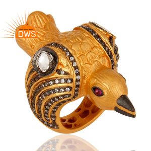 Bague en argent sterling plaqué or jaune avec zircon cubique blanc, motif oiseau fait main, vente en gros de bijoux - Product Image 3