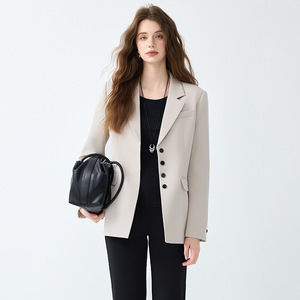 Women's Off White Blazer Solid Color Polyester Anti-Wrinkle Loose Fit Professional Casual Spring Autumn Style - Product Image 4