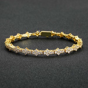 Pulsera de tenis de latón con circonitas 5A de 7mm, diseño flor de ciruelo, con cierre de resorte, chapada <span class=keywords><strong>en</strong></span> <span class=keywords><strong>oro</strong></span> de 14K, joyería Hip Hop <span class=keywords><strong>para</strong></span> mujer y <span class=keywords><strong>hombre</strong></span> - Product Image 1