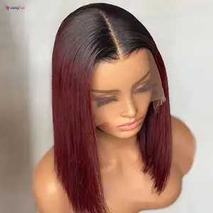 1B/99J Burgundy Short Straight Bob Perucas de Cabelo Humano Brasileiro Lace Front Perucas de Cabelo Humano Pré Arrucadas T Part Lace Wigs Remy Hair