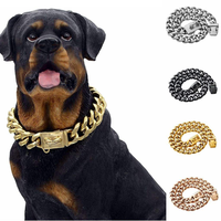 Luxuriöses Gold-Hundehalsband- und Leinen-Set mit Bändern, Nieten und massiver Blink-Kubanischer Kette – Würgehalsband für große Hunde