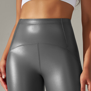 Pantalon en <span class=keywords><strong>cuir</strong></span> PU noir brillant taille haute pour femme <span class=keywords><strong>Legging</strong></span> en similicuir à coutures d'usine - Product Image 2