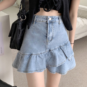 Minigonna in denim da donna a vita alta, modello A-line, <span class=keywords><strong>con</strong></span> orlo a balze, casual e traspirante, perfetta per l'estate - Product Image 5
