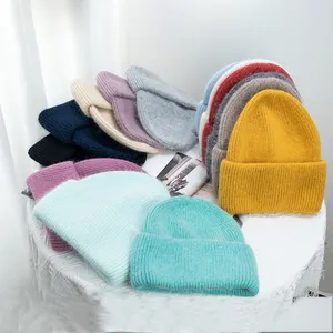 Luxury Multi-color Plain Blank Custom Logo Knit Winter Beanie Warm Fuzzy Knit Mohair Beanie