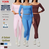 Ensemble de yoga 2 pièces pour femme, haut court à épaules dénudées et manches 3/4, leggings taille haute, logo personnalisé, tenue de sport, survêtement OEM