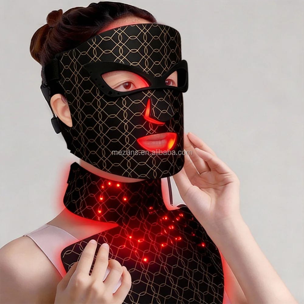 OEM Black 3D Silicone Dual-Zone LED Face & Neck Mask 352 LEDs 3-Level Portable Red Light Therapy Mask