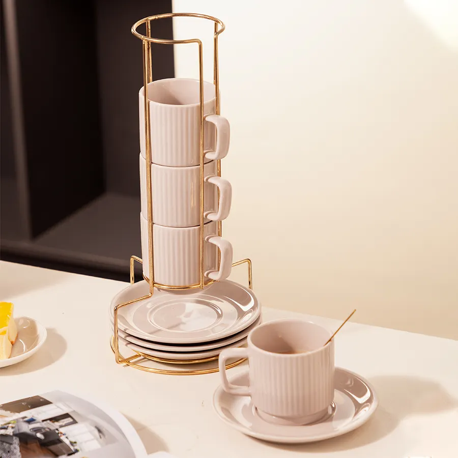 Xícaras de café em cerâmica empilháveis, xícara e pires de café expresso com suporte, logotipo personalizado, porcelana branca impressa