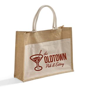 Sac fourre-tout en jute personnalisé pour pub et bar, grand format, facile à imprimer, avec poche avant en toile – Sacs cadeaux en gros - Product Image 1