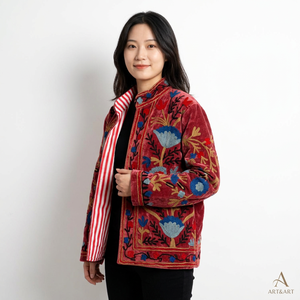 Red Velvet Floral Embroidered Jacket <b>Women</b> Mandarin Collar Open Front Cotton Lined <b>Coat</b> - Product Image 2