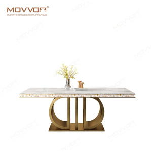 Bộ bàn ăn sang trọng Mặt bàn bằng đá cẩm thạch Đế bằng thép không gỉ màu vàng Bàn ăn hình chữ nhật Bàn ghế ăn - Product Image 6