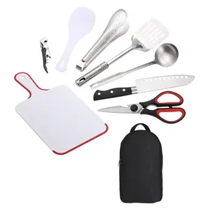 9pcs Set Outdoor Cookware Camping Barbecue Stainless Steel Cutters Cutting Board Picnic Bag Cutlery Simple Kitchenware