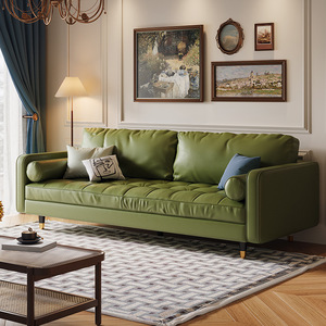 Leather Sofa Straight Row Three Seater Tufted Genuine Leather Living Room Furniture - Product Image 2