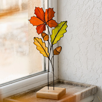 Décoration de table artisanale en verre teinté avec feuilles d'érable et de chêne, attrape-soleil d'automne pour fenêtre, décoration artisanale pour la maison pour Thanksgiving