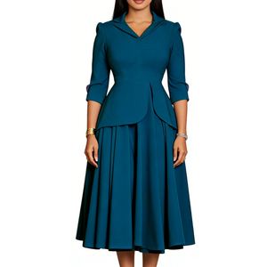 Robe midi plissée à peplum pour femme - Col châle, manches <span class=keywords><strong>coude</strong></span>, robes formelles africaines pour femmes Sehe Fashion - Product Image 2