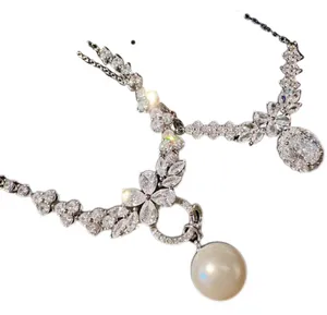 Desainer perhiasan Fashion mewah 18K kalung Choker perhiasan berlian mutiara batu permata kristal tetesan air bunga berlapis emas