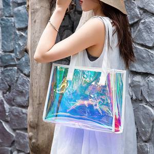 Bolso de mano de playa impermeable holográfico de PVC con logotipo personalizado para mujer, bolso de compras de hombro con cierre abierto portátil - Product Image 1