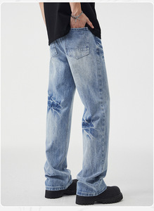 Pantalones vaqueros de corte recto de calle alta americana para <span class=keywords><strong>hombre</strong></span> Cleanfit Lightning Crack Wash and Tie Flower Pantalones de tela vaquera sólida Jeans para <span class=keywords><strong>hombre</strong></span> - Product Image 5