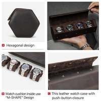 Étui de voyage pour montres en cuir véritable rétro à 4 emplacements, forme hexagonale, fermeture à bouton, organisateur de rangement, boîte à montres de luxe en cuir Crazy Horse