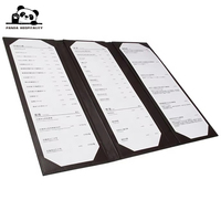 Porte-menu en cuir bleu marine et noir à trois panneaux pliables avec logo personnalisé, 8,5 x 14 pouces, pour restaurants, bars et boutiques.