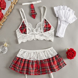 Plaid Schoolgirl Cosplay Lingerie Set Lace Bralette Mini Skirt Tie <b>Gloves</b> Women Role‑Play Intimate Costume Lingerie Wholesale - Product Image 2