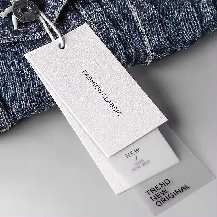 Custom biodegradable fashion style thick clothing hang tag with string paper PVC hang tag for denim jeans clothes tag