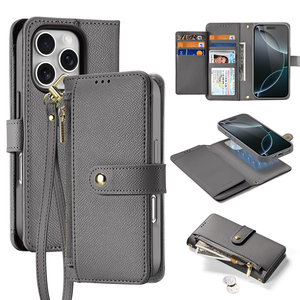 Funda de cuero para iPhone serie 15/16 con tarjetero, billetera magnética desmontable 2 en 1 y cordón. - Product Image 1