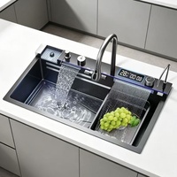 Évier de cuisine professionnel en acier inoxydable noir OEM, cuve simple, avec robinet de cuisine, robinet purificateur, panier d'égouttage et plateau à accessoires