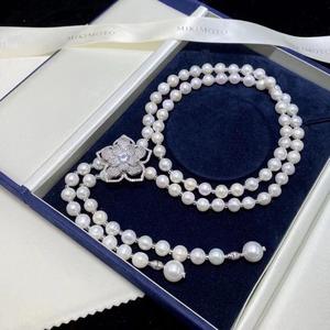 สร้อยคอมุกน้ำจืดธรรมชาติ 8-9 มม. 4-5 แทบจะกลม พร้อมโบว์ สร้อยคอแบบสองชั้น ความยาว 65 ซม. - Product Image 4