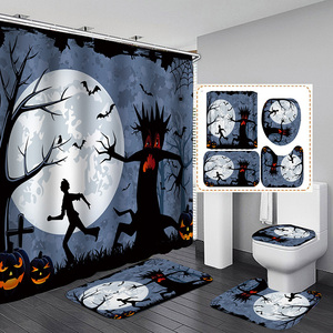 <span class=keywords><strong>Rideau</strong></span> de <span class=keywords><strong>douche</strong></span> rétro vintage Halloween imprimé citrouille avec tapis antidérapant couvercle de toilette - Product Image 6