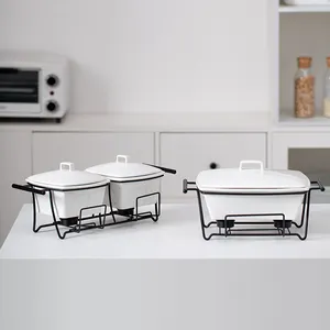 Jinbaichuan Nordic Rectangular Fire Heating Ceramic Casserole Set Porcelain Soup Pot With Lid With Black Stand For Cooking