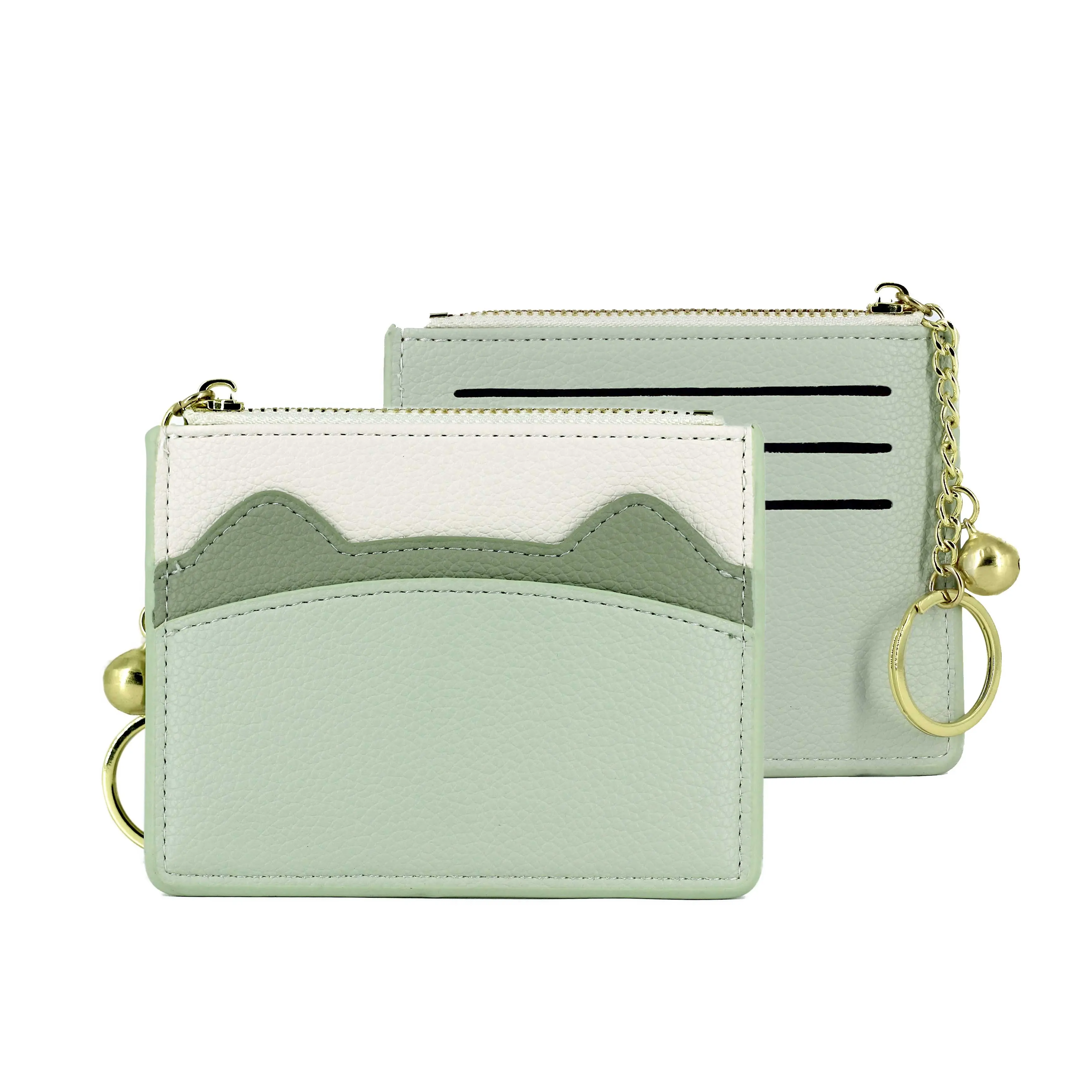 Customized Green and White Color Matching PU Leather Women Key Coin Purse Card Holder Wallets With Keychain