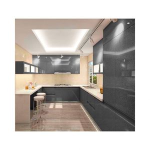 Cuisine modulaire en forme de U moderne avec portes en contreplaqué brillant, design classique, îlots de cuisine en bois - Product Image 1