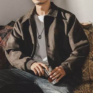 Chaqueta Retro de Béisbol para Hombre, de Terciopelo Modal Gris Verde, con Solapa, Estilo Holgado, Larga y Delgada, para Primavera y Otoño, de Marca de Moda, Cálida - Product Image 1