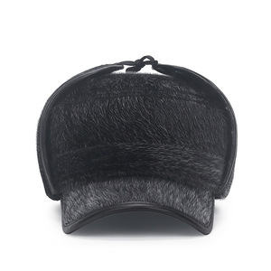 Winter Men's Mink Fur Warm Hat With Ear Protection Flat Top Baseball Cap Black And Gray Solid Color Waterproof Keep Warm Adult - Product Image 2