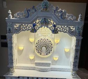 Handcrafted Grand Inlay Marble <b>Mandir</b> with Integrated LED Lighting and Intricate Handcrafted Temple Detailing - Product Image 1
