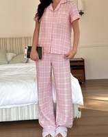 Pyjama décontracté rose à carreaux pour femme, ensemble deux pièces, vêtements de nuit et d'intérieur, pyjamas personnalisables ODM