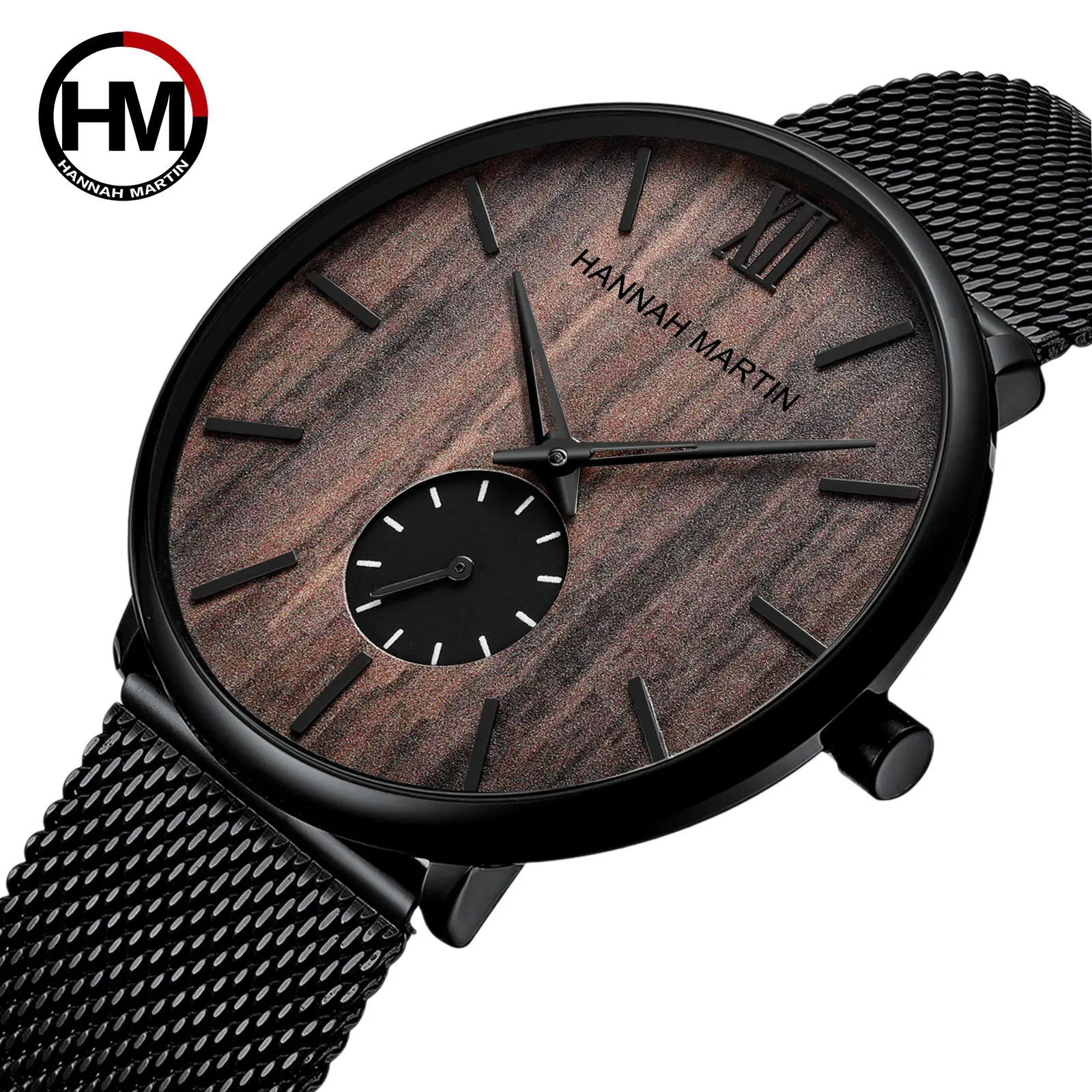 Reloj hombre Relogio Hannah Martin 1002 minimalista masculino malla de acero inoxidable Esfera de grano Simple mejores relojes de pulsera de madera para hombres