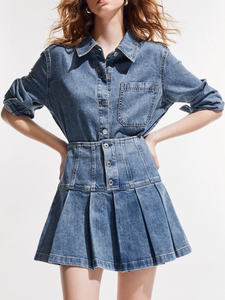OEM ODM <span class=keywords><strong>Mini</strong></span> <span class=keywords><strong>jupe</strong></span> en jean plissée taille haute pour femmes, ligne A, taille haute, boutons à une rangée, brodés, style décontracté, taille fine - Product Image 4