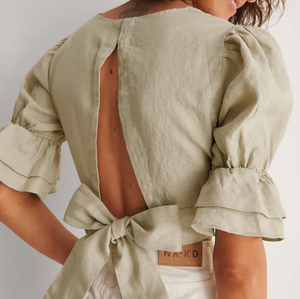 Vendita calda <span class=keywords><strong>femminile</strong></span> cravatta di lino indietro Top maniche corte aperto indietro Crop Top donna alta qualità Top - Product Image 5