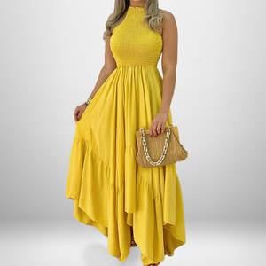 夏季女式中长连衣裙批发定制时尚休闲优雅黄色百褶女式连衣裙 - Product Image 3