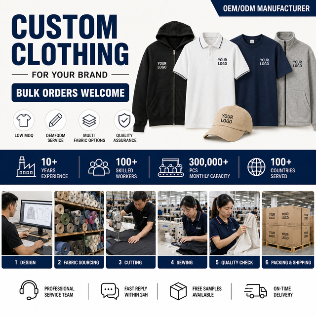 10+ YEARS EXPERIENCE 100+ SKILLED WORKERS LOW MOQ B2B OEM/ODM SERVICE All-category Custom Apparel Factory