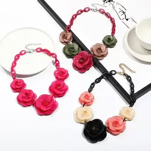 NUORO Boho Chunky Big Colorful Acrylic Rose Flower Necklace For Women Personality Clavicle Flower Statement Necklace